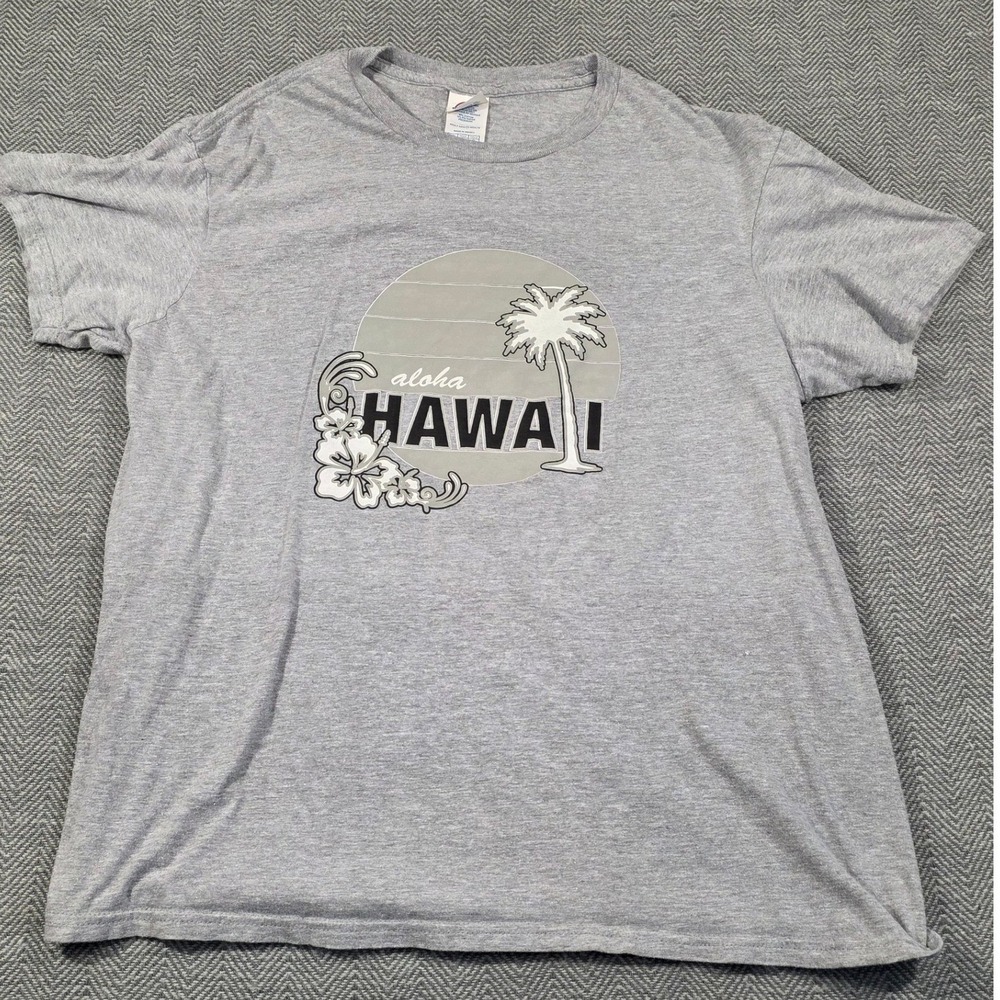Delta Ringspun Hawaii Aloha T-Shirt Heather Grey Graphic Palm Tree Mens Large